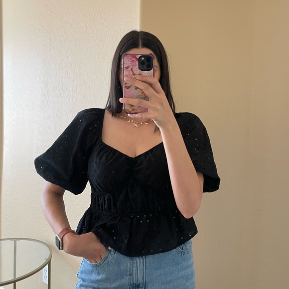 A New Day Black Puff Sleeve Eyelet Blouse - Picture 3 of 7